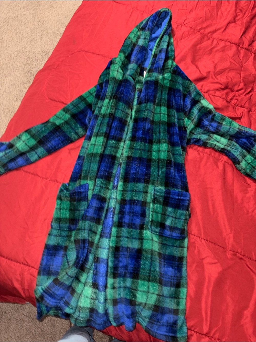 Cat & Jack Green and Blue Hooded Plaid Kids bath robe